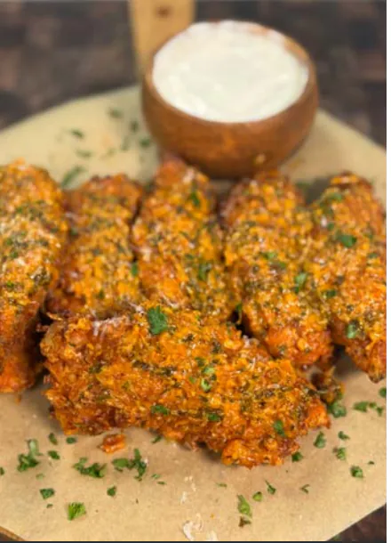 BUFFALO GARLIC PARMESAN CHICKEN TENDERS + HOT HONEY