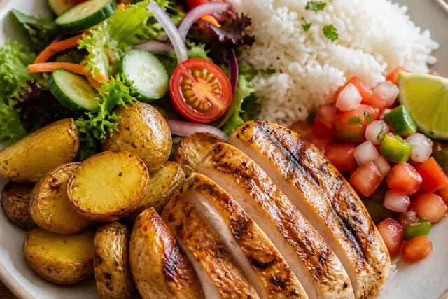 Chicken Potatoe Salad or Veggies Pico De Gallo and Rice