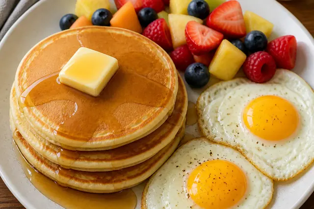 Pancakes Eggs and Fruit