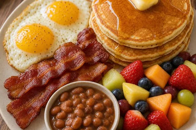 Pancakes Eggs Bacon Beans and Fruit