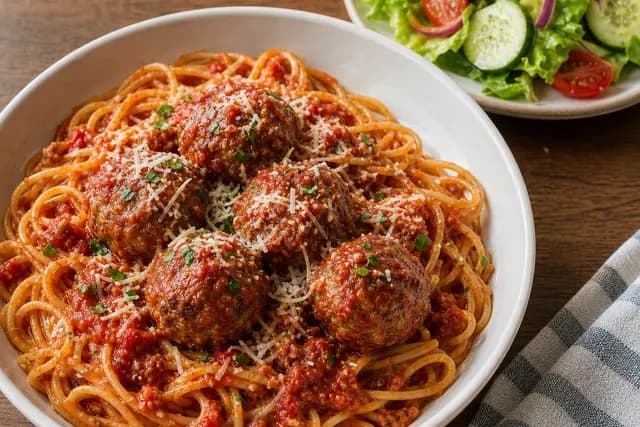 Pasta Meat Sauce and Meatballs and Salad