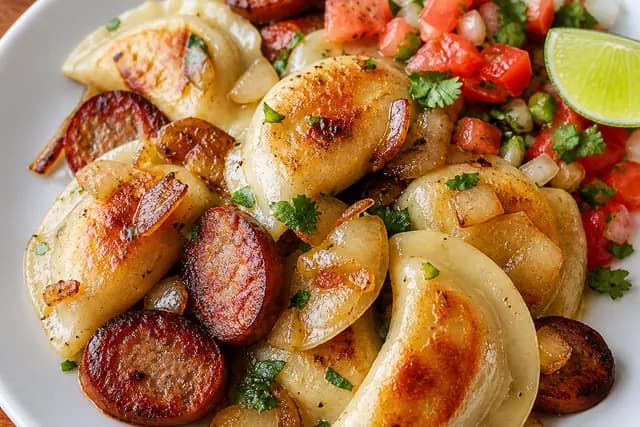 Perogies Sausage and Pico De Gallo