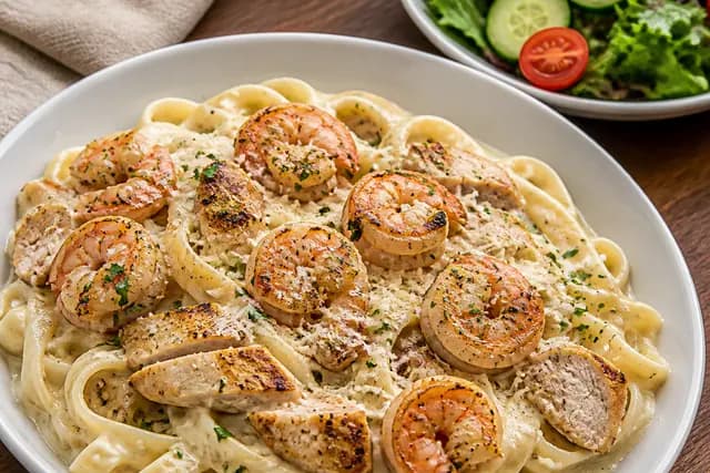 Fettuccini Alfredo with Chicken and Shrimp Salad