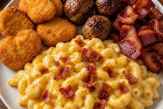 Mac Ncheese and Chicken Nuggets and Meatballs and Bacon