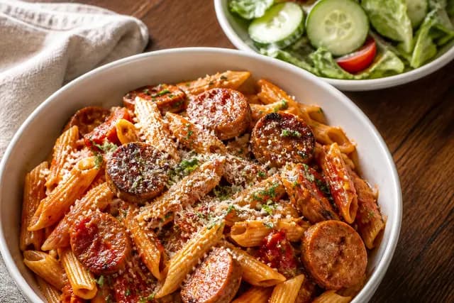 Pasta with Sausage and Salad