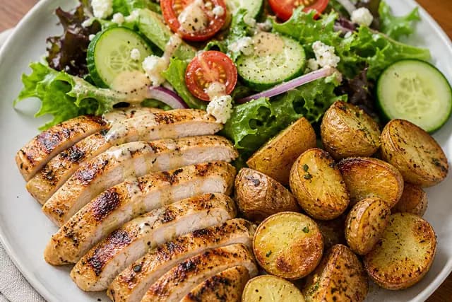 Grilled Chicken Salad and Potatoes