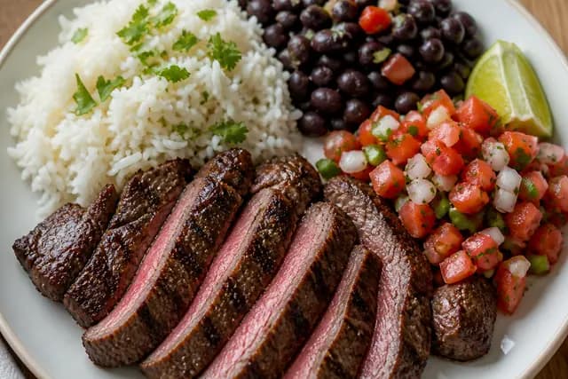 Steaks Rice Pico De Gallo and Beans