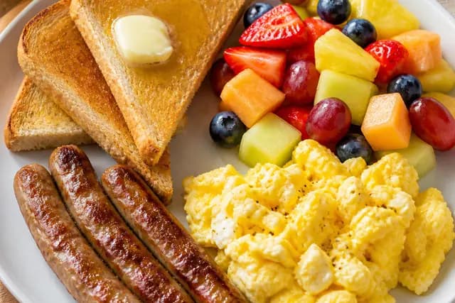 Sausage and Eggs and Toast Fruit