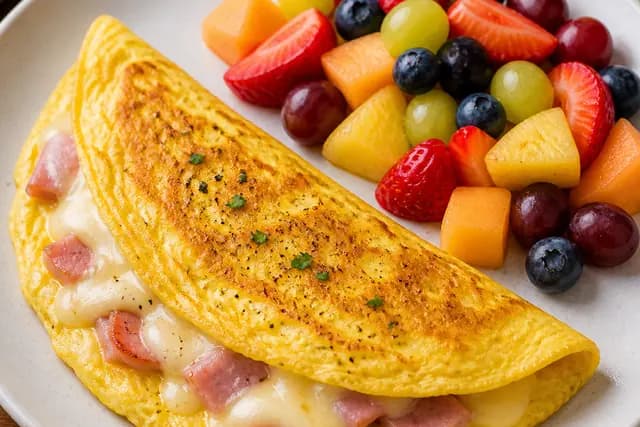 Omelettes with Cheese and Ham and Fruit