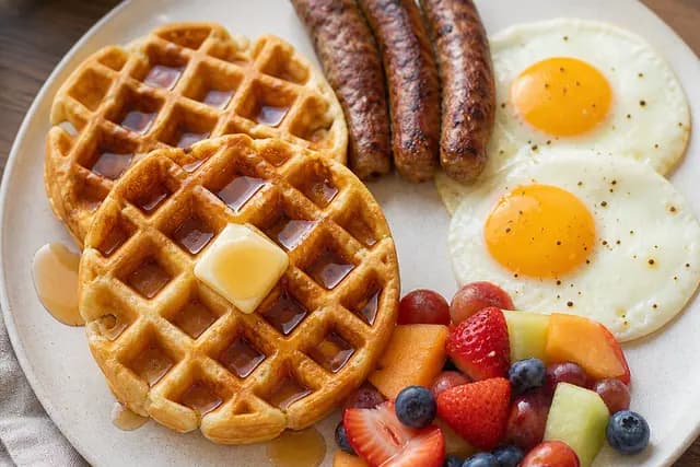 Waffles Eggs Sausage Fruit