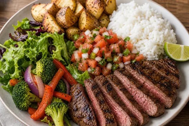 Steak Potatoe Salad or Veggies Pico De Gallo and Rice
