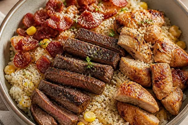 Bacon Rice and Steak and Chicken